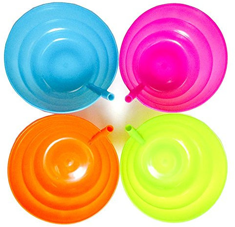 4 Kids Sip A Bowl Built in Straw Plate Plastic Cereal Soup Drink Snack Food Dish