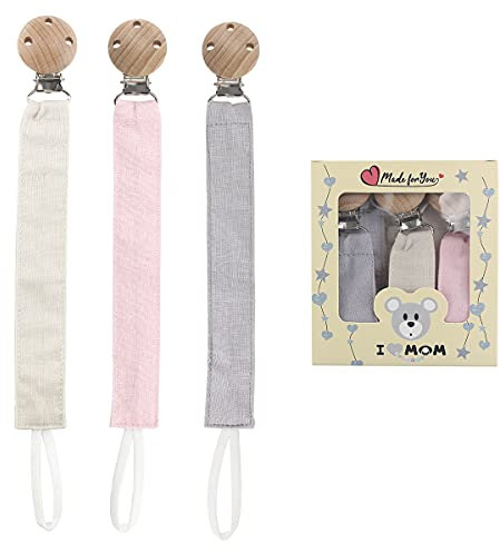 RUBY 3PCS Kit Catenella Portaciuccio Tessuto Porta Ciuccio Neonato,Cotone Catenella Ciuccio con Clip Ciuccio Legno Faggio Naturale,Catena Ciuccio Set Catenina Ciuccio (Rosa-3)