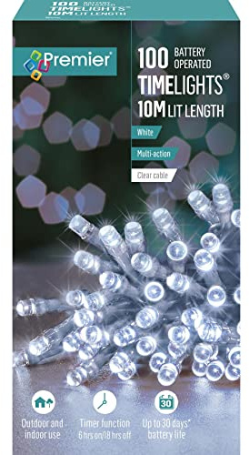 Premier 100 Timelights Battery Operated 10m Clear Cable Multi Action String Lights - White