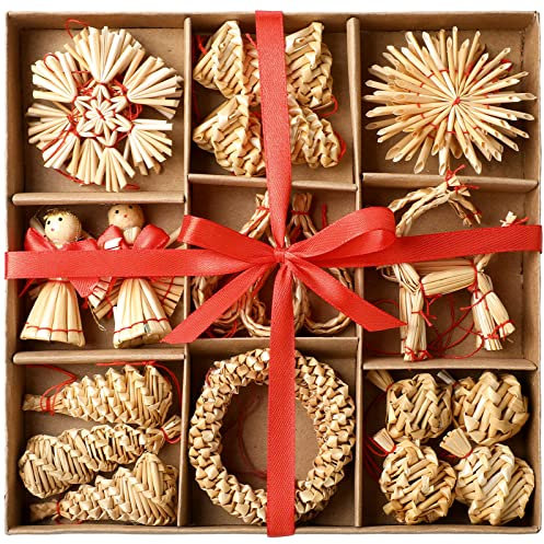 Gerrii Straw Ornaments Set Scandinavian Christmas Decorations Including Stars Snowflakes Hearts Angel Wreath Goats/Julbuck for Danish Norwegia Nnordic Christmas Tree (Vivid,27 Pcs)