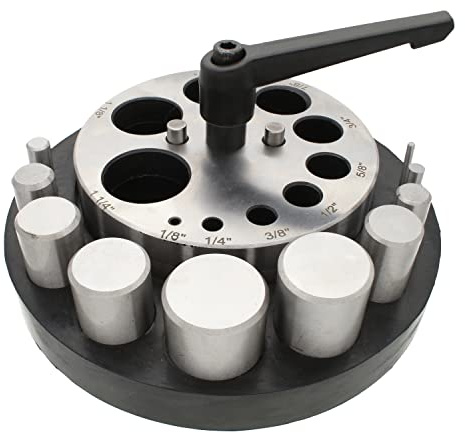 The Beadsmith Steel Circle Disc Cutter Set – 10 Punches and Die Cuts 1/8” – 1-1/4” Diameter – Includes Rubber Base and Handle – Tool for Cutting Accurate Round Metal Discs or Coins from Sheet Metal