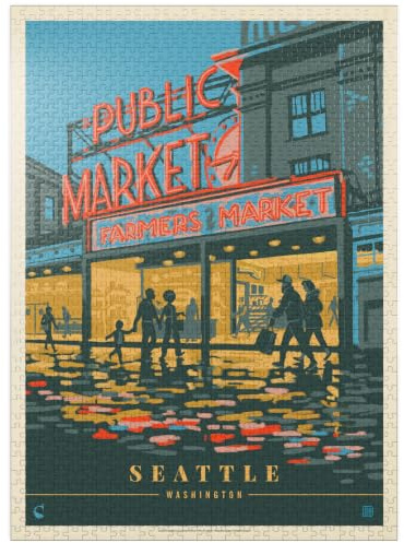 USA-Seattle, WA: Morning at The Market, Vintage Poster - Premium 1000 Piece Jigsaw Puzzle for Adults