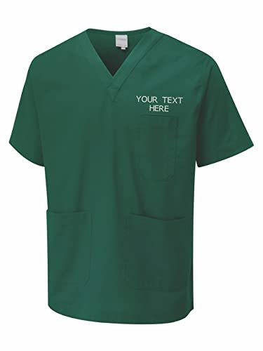 Personalised Embroidered Your Text Scrubs Tunic Health Care Hospital Medical Uniform Women Men Nurse Uniform Workwear Doctor Nurse Dress V Neck Line Regular Fit Top Bottle Green