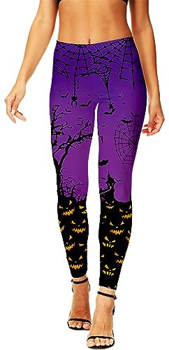 AOBUTE Leggings da donna per Halloween elasticizzati stampati legging collant, Zucca Viola Scuro, XL