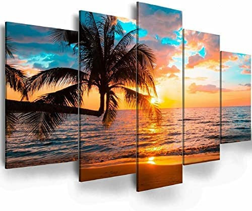 Tableau 5 Pièces Coucher De Soleil Océan Plage Nature 5 Panneaux Tableau Sur Toile Art Mural Décoration Murale Moderne Maison Salon Chambre Décoration, Sans Cadre 200 X 100 Cm