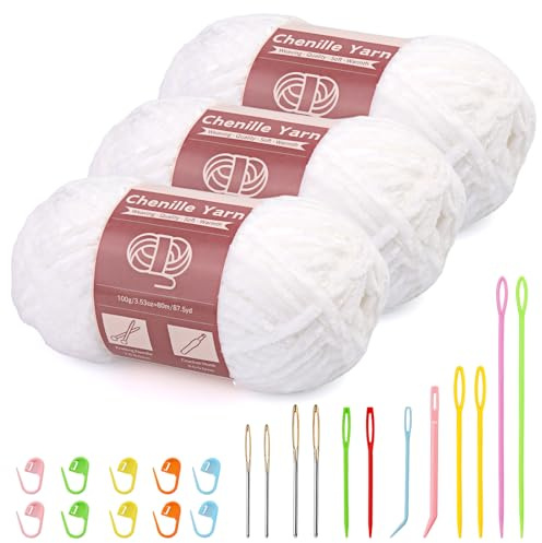 Benlay 3X100g(3 X 80 m) Chenille Wolle, Wolle Zum Häkeln Stricken (Weiss) | Chenille Samt Garn mit Nadeln großem Öhr zum Stricken und Häkeln, Kleidung, Decken, Taschen, Pullover, DIY-Strickprojekte
