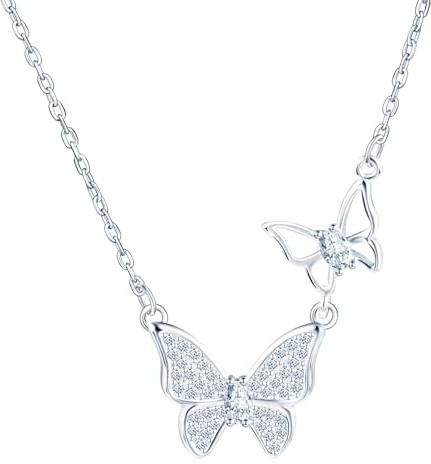 feilok Kette mit Anhänger 925 Sterling Silber Damen Halsschmuck, mit Zirkonia Doppel Schmetterling Zirkonia für Frauen