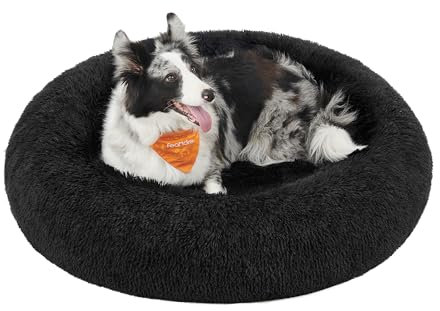 Feandrea Hundebett flauschig, Katzenbett, Donut Kissen, waschbar, Polsterung in der Mitte herausnehmbar, Langer Plüsch, 100 cm Durchmesser, tintenschwarz PGW042B01