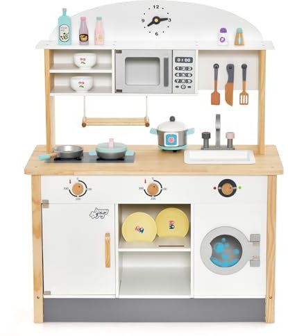 RELAX4LIFE Cucina Giocattolo per Bambini, Mini Cucina in Legno, 17 Accessori, Stile Moderno, Cucina Giocattolo con Microonde, Lavatrice, Lavello, Fornelli e Cappa, per Bambini 3+ Anni