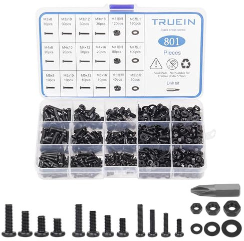 M3 M4 M5 Kit Vis Boulons et Écrous, 801 Pcs Ensemble D'assortiment de Vis Fraisées Écrou et Boulons Rondelles Ensemble Assorti Ensemble D'écrous et Boulons avec Tournevis pour Usage Domestique