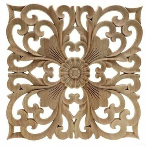 Décoration murale en bois d'hévéa sculpté à motif floral pour décoration murale, panneau de meubles, armoire, autocollant mural rustique classique (24 x 24 cm)