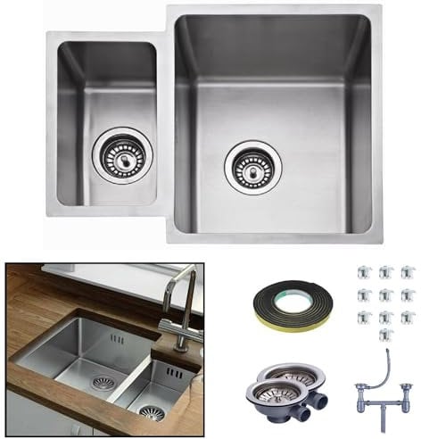 ARA CHOICE Stainless Steel Kitchen Undermount Sink 1.5 Square Compact Catering Super Deep Bowl Modern Reversible with Drainer & Inset Plumbing Wastes Set