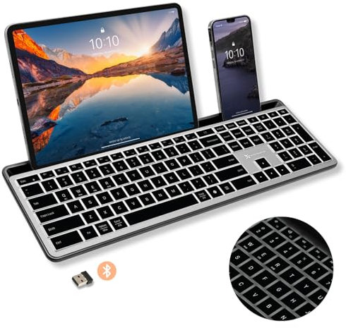 X9 Full Size Bluetooth Keyboard (2.4G + BT) - Rechargeable Multi Device Backlit Wireless Keyboard w/Copilot Key and AI for iPhone, Tablet, PC, Mac, iPad, MacBook, iMac, iOS, Android - Gray