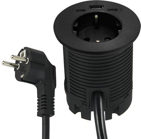 Electraline 62588 Schreibtisch-Steckdosenleiste/Tischtülle, Einbausteckdose mit Stromversorgung, 25 W, 2 USB (1 USB Typ C + 1 USB Typ A) + 1 USB-C-Hub 2 m, D60 mm, 1 Schuko-Buchse + Schuko-Stecker