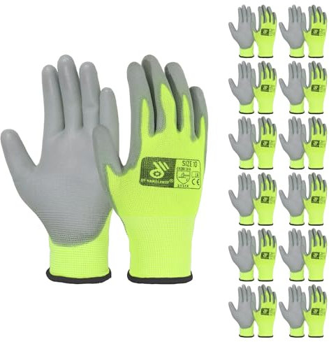 HANDLANDY 12 Paar PU-beschichtetes Nylon, schwarz, schützende Arbeitshandschuhe, rutschfeste, flexible Handschuhe für Bau, Lager, Gartenarbeit (Hi-Vis Gelb, XL)
