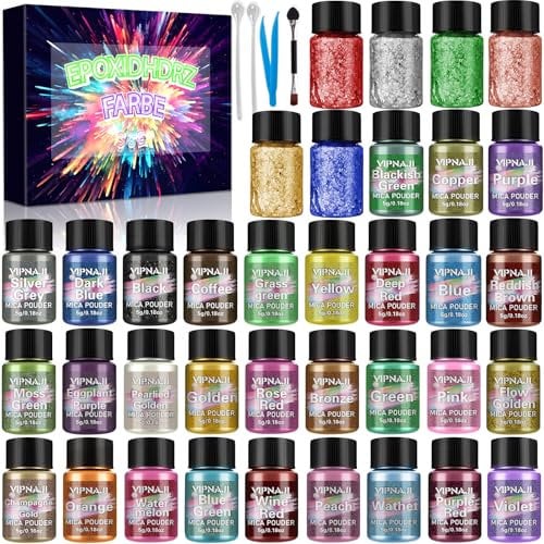 VIPNAJI Epoxidharz Farbe metallic 36 Farben Mica Powder, Seifenfarbe, Perlglanz Epoxidharz Pigment Pulver für Seifenfarbe,Lipgloss,Nagellack,Make-up,Epoxidharz,Kerzenherstellung,Badebombe
