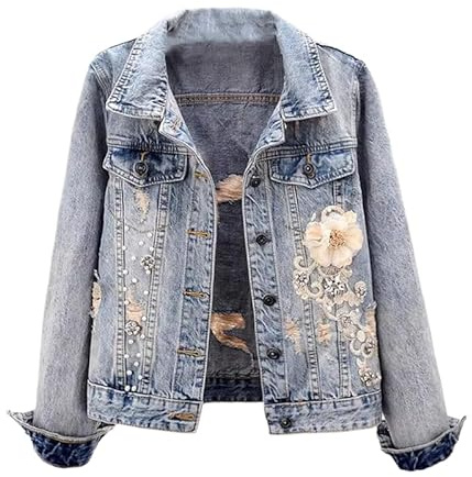 OrDobo Jeansjacke Für Damen - Frühling Herbst Mode Stickerei Denim Jacke Einfarbig Große Größe Einreiher Mit Tasche Mantel Streetwear