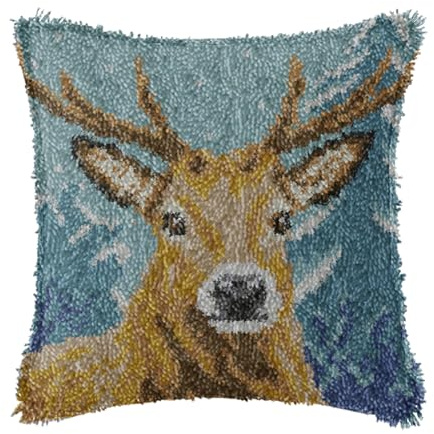 kingsea Latch Hook Pillow Kit, Latch Hook Kits for Adults, Latch Hook Pillow Kits for Beginners, Needlework Cushion Cover for Home Sofa Decoration 17in x 17in, Moose