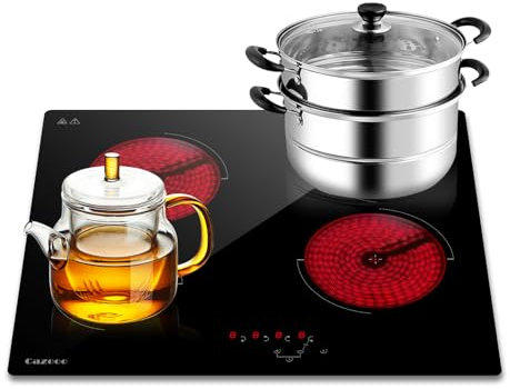 Cazooo Ceramic Hob, 60cm Built-in Electric Cooktop, 4 Cooking Zones Hot Plates, 6000W, 9 Power Levels, Safety Lock, Timer, Hard Wired, Black