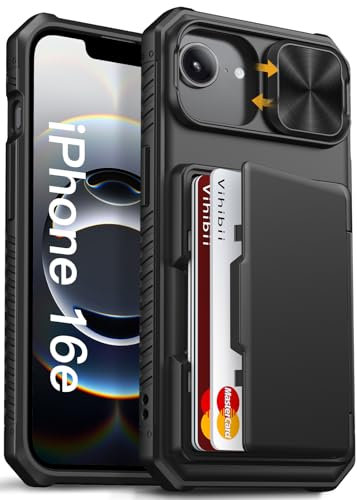Vihibii for iPhone 16e Case with Card Holder (4 Cards) [RFID Blocking] & Slide Camera Cover, Military Grade Drop Protection, Rugged Hard Back & Silicone Edge Wallet Cover for iPhone SE4 2025, Black