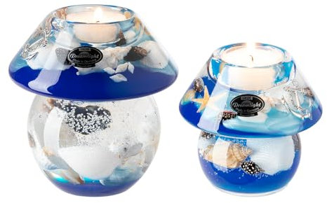 Dreamlight Teelichthalter Deko - 2er Set Traumlight Teelichter Glas Ocean Muschel Anker Dekoration Maritim - Höhe 9,5/11,5 cm