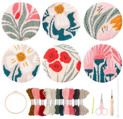 Myfelicity Punch Needle Coasters kit, 6-piece Flower Pattern Set - Cup Holder DIY Punching Needle Embroidery Kit(67101)