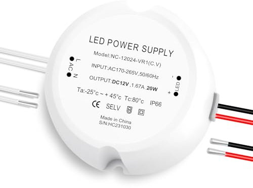 Transformador 220V a 12V, Fuente Alimentacion 12V 20W 1.6A, Transformador 220V a 12volt LED Driver 12 volts 20W, IP66 Impermeable Fuente de Alimentación Voltaje Constante para G4 MR11 Bombillas y Luc