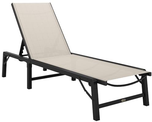 Outsunny Folding Sun Lounger Set of 2, 5-Position Adjustable Reclining Garden Loungers, Garden Chaise Lounge Sunbed Recliner Chairs with Steel Frame for Beach, Porch, Patio, Camping, Khaki