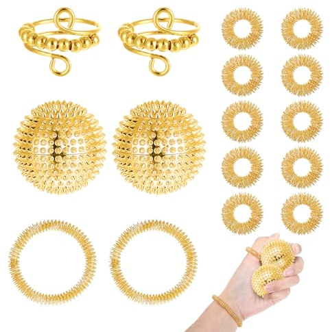16 Stück Skills Set,Gold Anti Stress Ring,2 Igelball Metall Klein Massageball,Akupressur Ring Akkupressurringe,2 akupressur armband,Skills Borderline Stressabbau Erwachsene