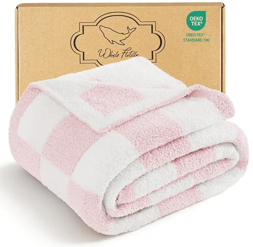 Whale Flotilla Checkered Knit Throw Blanket, 130x170 CM | Ultra Soft Fleece Reversible Cozy Decorative Blankets for Couch Sofa and Bed, All Seasons, Machine Washable, Pink