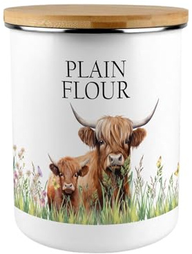 Purely Home Highland Cow & Calf Plain Flour Canister - Countryside Farm Animals Large Enamel Kitchen Pantry Food Storage Container Gift