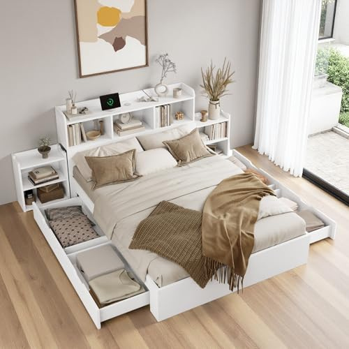 Holzbett 140*200 Doppelbett mit Lattenrost und Kopfteil, mit 2 ausziehbaren Nachttischen mit Stauraum, mit Handy-Ladefunktion (TYPE C und kabelloses Laden), mit Schubladen