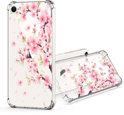 JRIANY per iPhone SE 2022 / SE 2020 / iPhone 7/8 Trasparente Cover, Morbido Silicone Protettiva Custodia con Fiore Fiori Motivo Antiurto Antigraffio Protezione Originale Case Custodie - Sakura Rosa