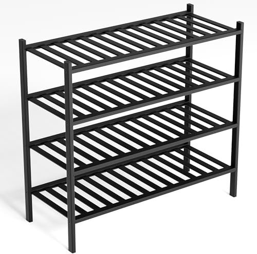 Shoe Rack Wooden - Shoe Storage Organiser - Shoes Rack Shelf Stand | BAM BOO BOX Bamboo Shoe Shelf for Hallway - Wooden Shoes Storage Organiser 68x28x64cm - Stackable 4 Tier Shoe Stand (Black)