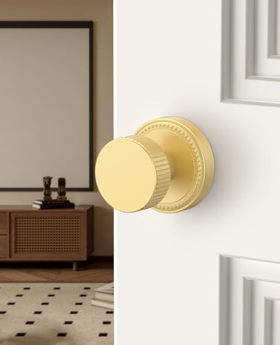 Amerdeco 1 Pack Brushed Gold Privacy Door Knobs with Lock, Door Handles with Champagne Bronze Door Knobs Interior for Bedroom or Bathroom, Heavy Duty Door Lever for Left Right Sided Doors AM054