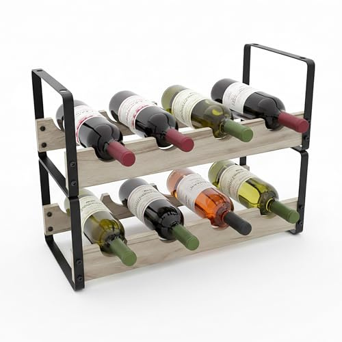 Relaxdays Weinregal, 8 Flaschen, Metall, Holz, HxBxT: 29 x 39,5 x 17,5 cm, Weinhalter stehend, Küche, Bar, schwarz/Natur