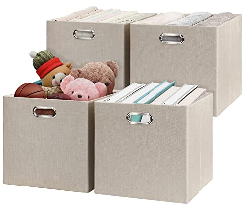 Posprica Storage Boxes, Foldable Organiser Cube Basket Bin, Thick and Heavy Duty (33×33×33cm/4pcs, Beige)