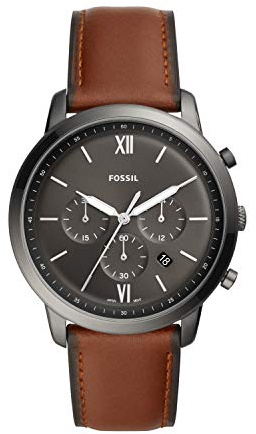 Fossil Men's Watch, Neutra Quartz Stainless Steel and Leather Chronograph Watch for Men, Color: Smoke, Amber