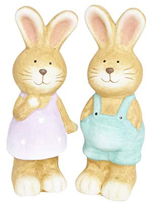 HEITMANN DECO Keramik Hase und Häsin - Dekofiguren Hasen-Paar, Osterhasen - Osterdeko, Frühling - 2er Set, groß - Braun, Grün, Lila