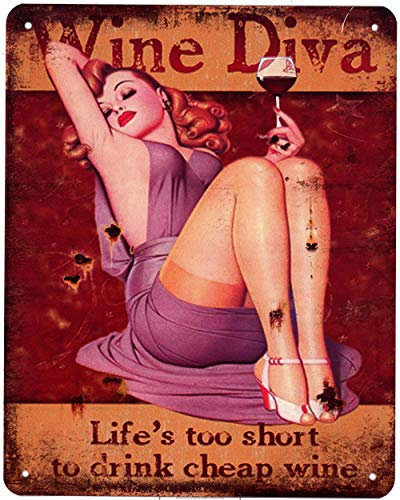 Blechschild Wine Diva Frau trinkt Wein 20 x 25 cm Deko Schild mit Aufdruck Aufschrift