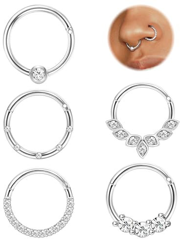 CASSIECA 5 Stück 16 G Nasenpiercing Ringe für Frauen Männer Daith Piercing Tragus Chirurgenstahl Fake Nasenpiercing Ring Nasenpiercing Septum Piercing Knorpel Ohrring Piercing Schmuck, Edelstahl,