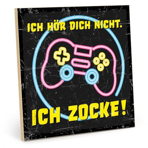 TypeStoff Holzschild mit Spruch –Zocken – im Vintage-Look mit Zitat als Geschenk und Dekoration zum Thema Gaming und Computerspiel - HS-00858