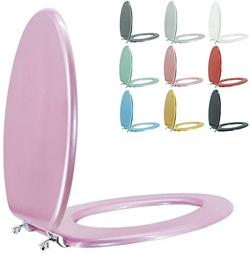 BLOFDE Elongated Toilet Seat Wood Toilet Seat Prevent Shifting with Zinc Alloy Hinges American Standard Size Toilet Seat Easy to Install also Easy to Clean (Elongated,Sparkling Pink)