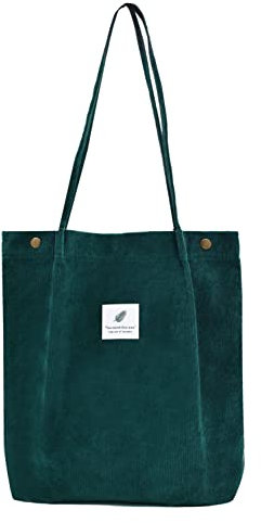Damen Große Handtasche Kord Shopper Cord Tote Bag für Bücher Reisen Alltag Schule Arbeit Einkaufstasche für Mädchen 40x41cm dunkelgruen