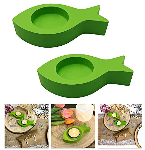 Oblique Unique® Teelichthalter Fisch 2er Set Kerzenhalter Fische aus Holz - Tisch Dekoration für Taufe Kommunion Konfirmation Taufdeko (Grün)