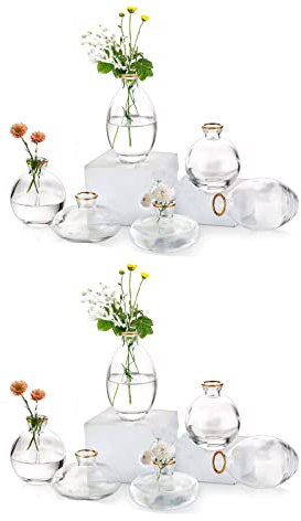 EylKoi Kleine Vasen füR Tischdeko Glas 4 Sätze(12 Stück) Transparent mit Goldrand Mini Vase Vintage Handmade Hydroponic Glasvase Blumenvase Modern Set Hochzeit Tischdeko, Zuhause Wohnzimmer Blumen
