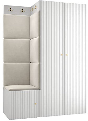 Mirjan24 Garderoben-Set Kirtan Slim XXIII, Kleiderschrank, Schuhschrank mit 3 Fächer + Kleiderhakenbrett, Gepolstertes Wandpaneel, 8 Doppelhaken Flurgarderobe Wandgarderobe (Weiß, Manila 02)