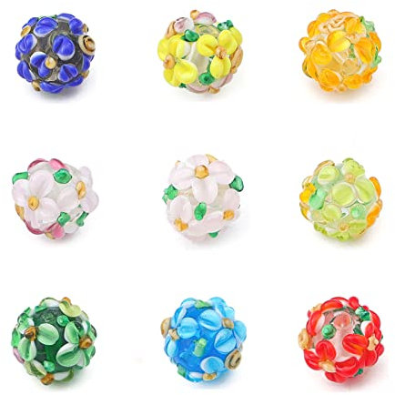 18pcs Bumpy Lampwork Glass Beads 12mm Handmade Loose Spacer Beads Rondelle Round with Flower 9 Colors for DIY Necklace Bracelet Jewelry Making Hole: 1mm
