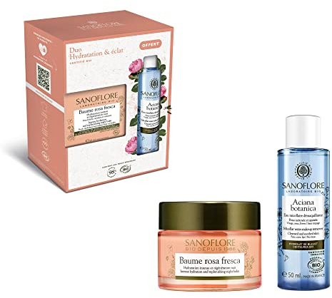 Sanoflore – Coffret Cadeau Duo Hydratation Éclat - Baume Rosa Fresca - Crème De Jour Certifiée Bio - Baume-en-gel - Acide Hyaluronique & Rose De Damas - 50 ml - Mini Eau Micellaire Offerte