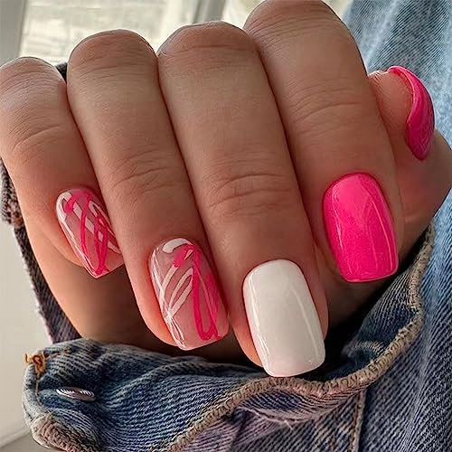 TMUT 24pcs Short False Nails Pink White Stick on Nails Press on Nails Removable Glue-on Nails Fake Nails Women Girls Nail Art Accessories, Variety Pack